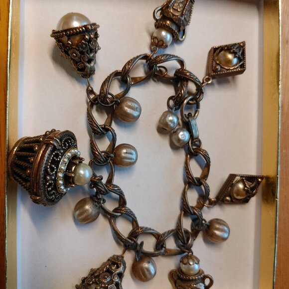 Vintage Bronze Charm Bracelet with Basket Urns & Faux Pearls - Picture 1 of 7